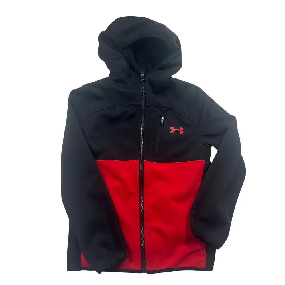 Under Armour Kid's Red Softshell Front Zip Hooded Coat Jacket Fleece Outdoorsy S